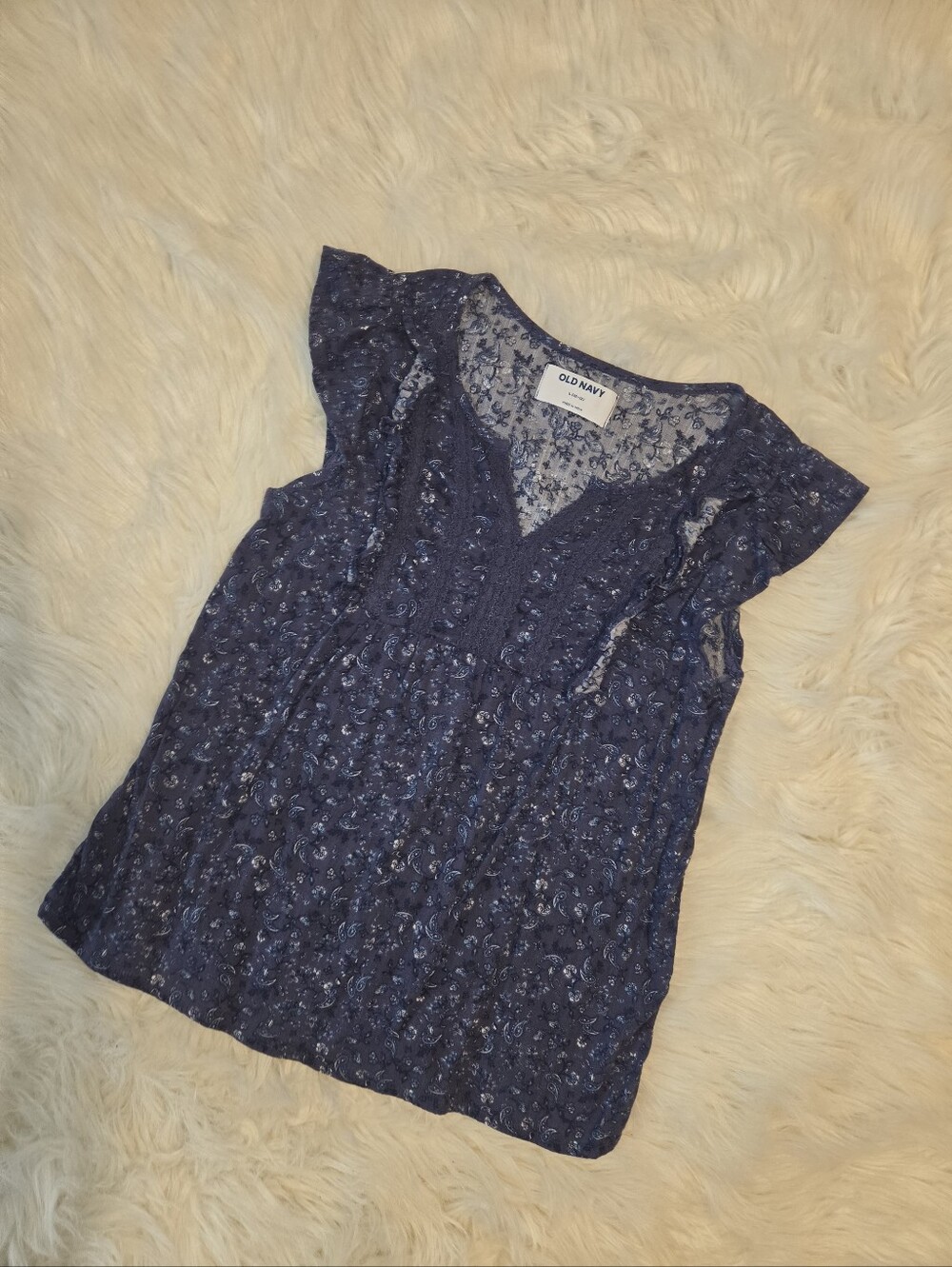Old Navy Navy Blue Lace Cap-Sleeve Kid Girl Top (Size-Large)